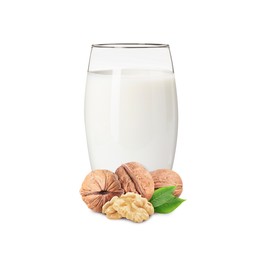 Image of Nut milk in glass and walnuts isolated on white