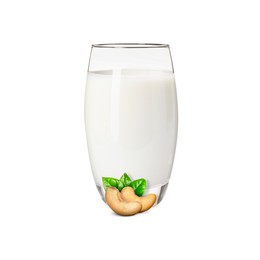 Image of Nut milk in glass and cashews isolated on white