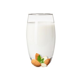 Image of Nut milk in glass and almonds isolated on white