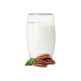 Image of Nut milk in glass and pecans isolated on white