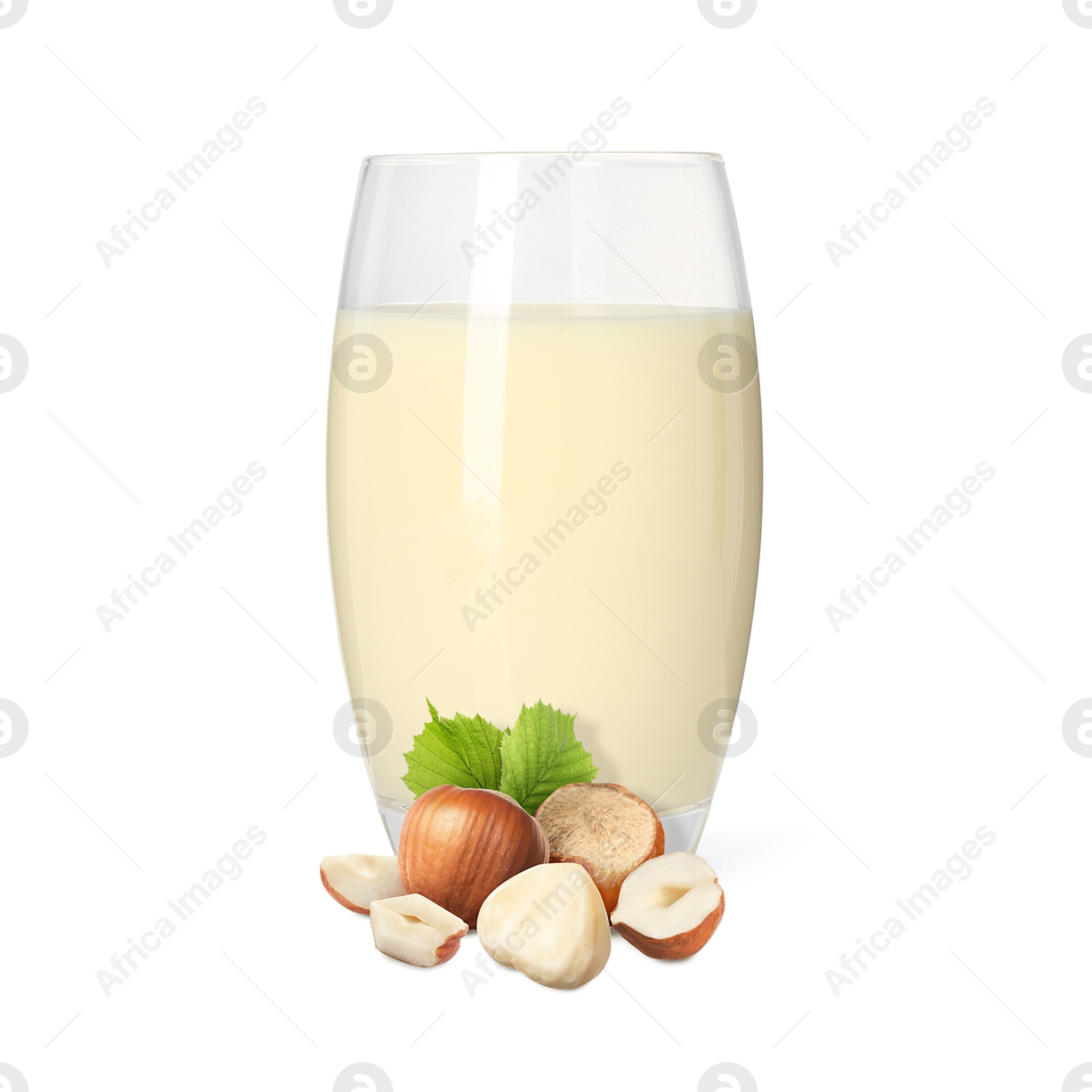 Nut milk in glass and hazelnuts isolated on white Image of Nut milk in glass and hazelnuts isolated on white