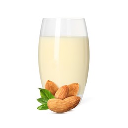 Image of Nut milk in glass and almonds isolated on white