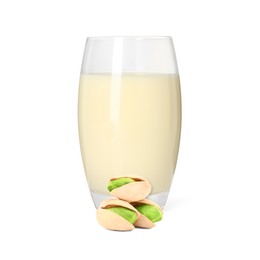 Image of Nut milk in glass and pistachios isolated on white