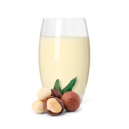 Image of Nut milk in glass and macadamias isolated on white