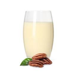 Image of Nut milk in glass and pecans isolated on white