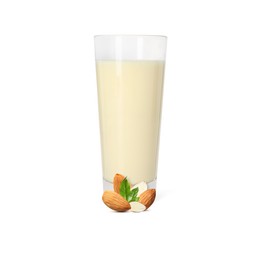 Image of Nut milk in glass and almonds isolated on white