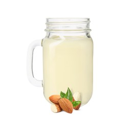 Image of Nut milk in glass jar and almonds isolated on white