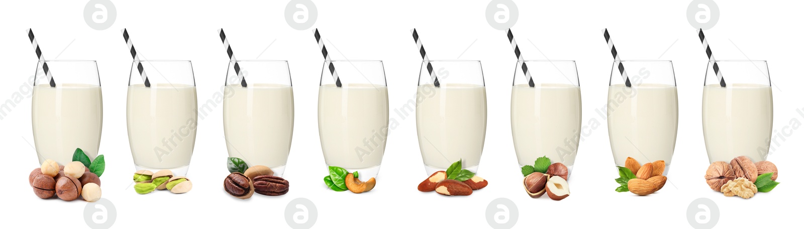 Different types of nut milk in glasses isolated on white, set Image of Different types of nut milk in glasses isolated on white, set