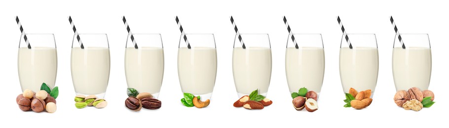 Image of Different types of nut milk in glasses isolated on white, set