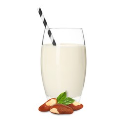 Image of Nut milk in glass and Brazil nuts isolated on white