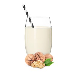 Image of Nut milk in glass and walnuts isolated on white
