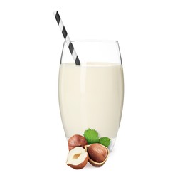 Image of Nut milk in glass and hazelnuts isolated on white