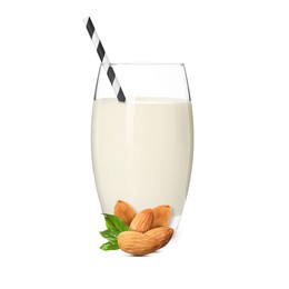 Image of Nut milk in glass and almonds isolated on white
