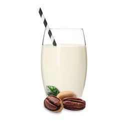 Image of Nut milk in glass and pecans isolated on white