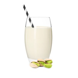 Image of Nut milk in glass and pistachios isolated on white