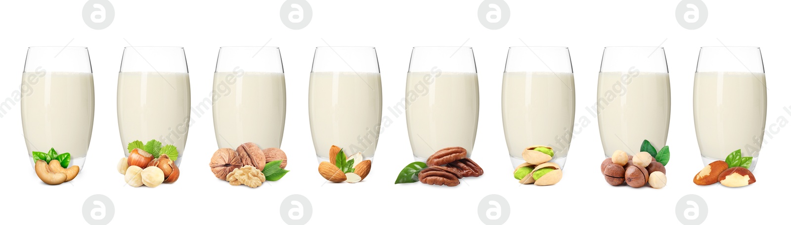 Different types of nut milk in glasses isolated on white, set Image of Different types of nut milk in glasses isolated on white, set