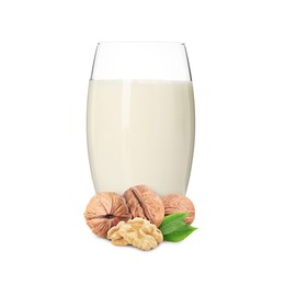 Image of Nut milk in glass and walnuts isolated on white