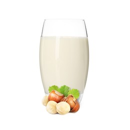 Image of Nut milk in glass and hazelnuts isolated on white