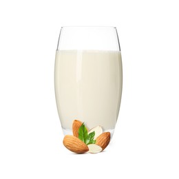 Image of Nut milk in glass and almonds isolated on white
