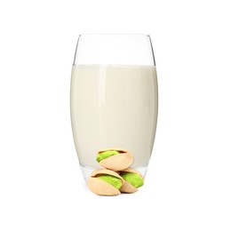 Image of Nut milk in glass and pistachios isolated on white