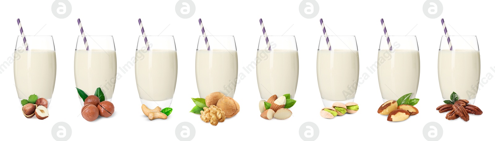 Different types of nut milk in glasses isolated on white, set Image of Different types of nut milk in glasses isolated on white, set