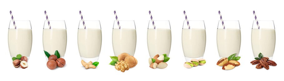 Image of Different types of nut milk in glasses isolated on white, set