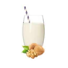 Image of Nut milk in glass and walnuts isolated on white