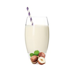 Image of Nut milk in glass and hazelnuts isolated on white