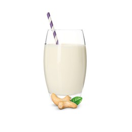 Image of Nut milk in glass and cashews isolated on white
