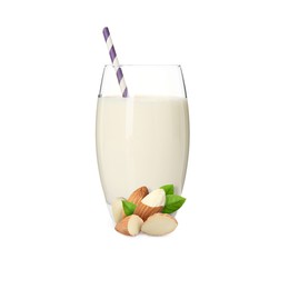 Image of Nut milk in glass and almonds isolated on white