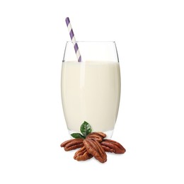 Image of Nut milk in glass and pecans isolated on white