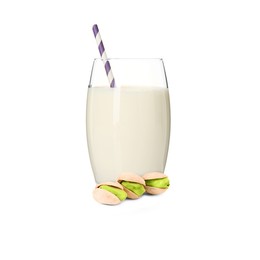 Image of Nut milk in glass and pistachios isolated on white