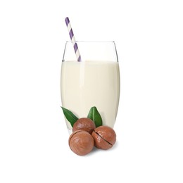 Image of Nut milk in glass and macadamias isolated on white