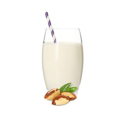 Image of Nut milk in glass and Brazil nuts isolated on white