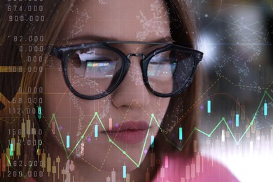 Image of Stock exchange. Trader analyzing data, closeup. Graphs reflecting in her eyeglasses