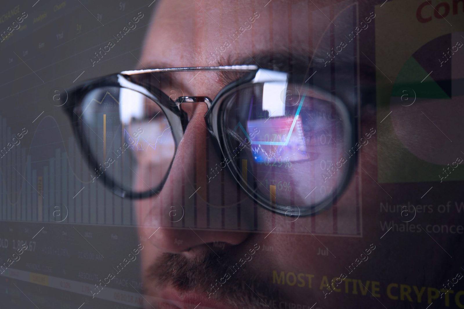Stock exchange. Trader analyzing data, closeup. Graphs reflecting in his eyeglasses Image of Stock exchange. Trader analyzing data, closeup. Graphs reflecting in his eyeglasses