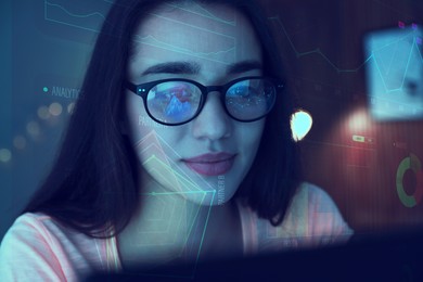 Image of Stock exchange. Trader analyzing data, closeup. Graphs reflecting in her eyeglasses