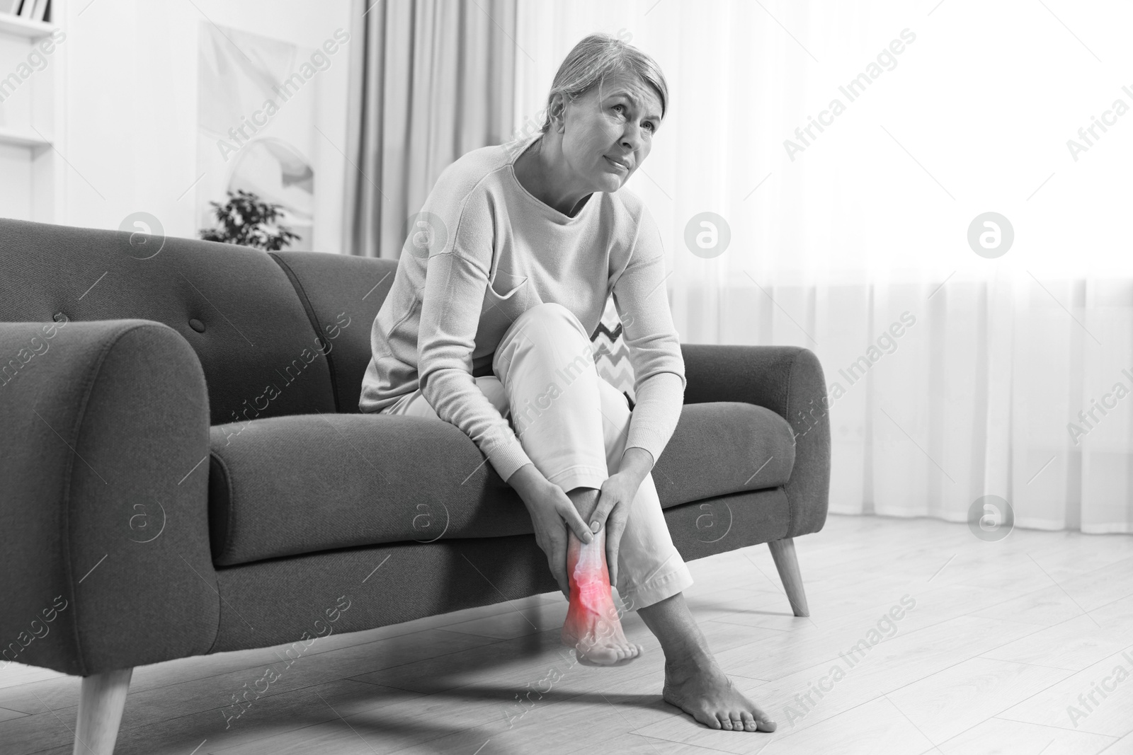 Arthritis. Senior woman suffering from pain in leg at home. Black and white toning with red color accent Image of Arthritis. Senior woman suffering from pain in leg at home. Black and white toning with red color accent