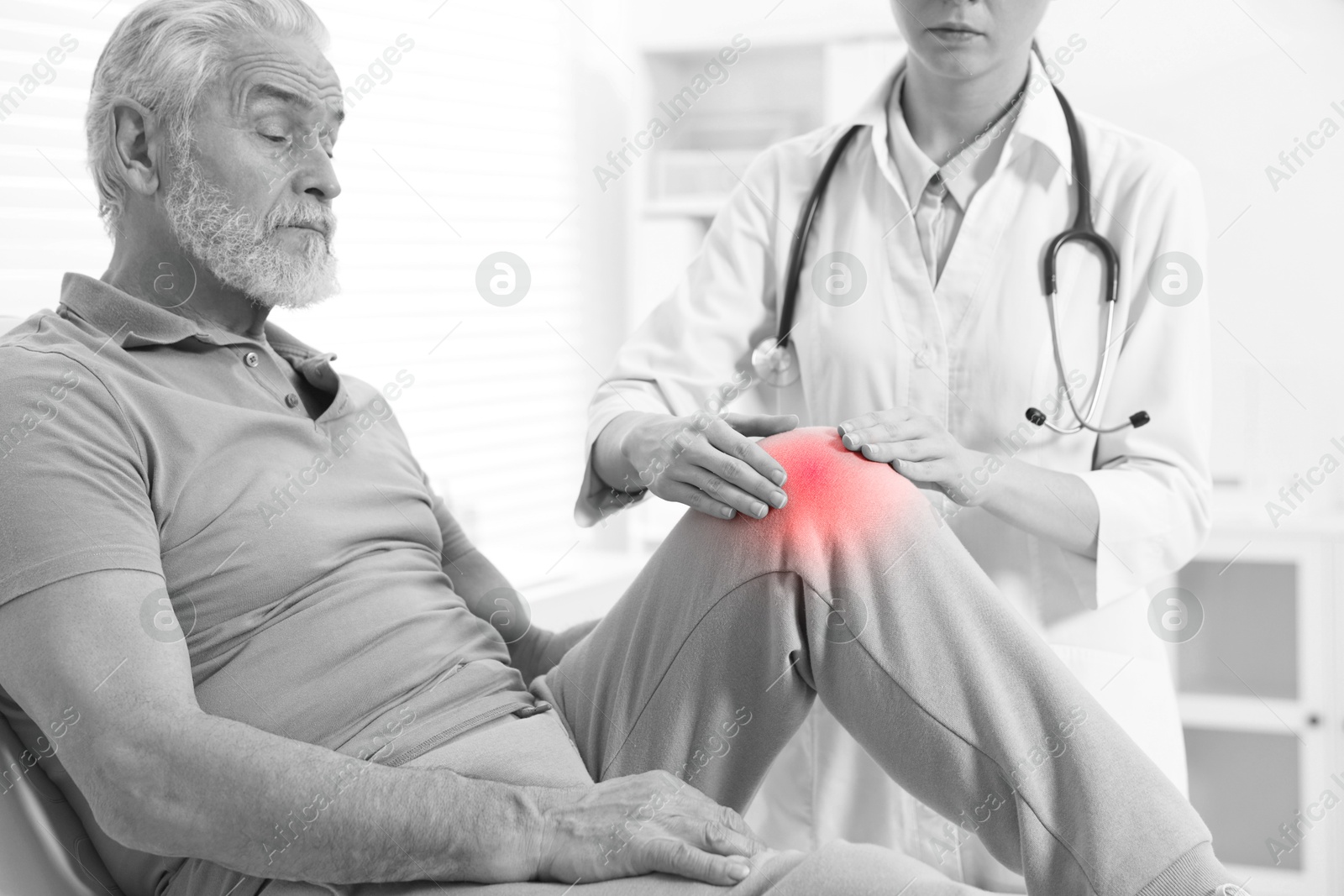 Arthritis. Doctor examining patient with knee pain in hospital. Black and white toning with red color accent Image of Arthritis. Doctor examining patient with knee pain in hospital. Black and white toning with red color accent