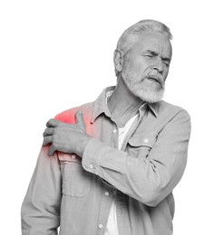 Image of Arthritis. Senior man suffering from pain in shoulder on white background. Black and white toning with red color accent