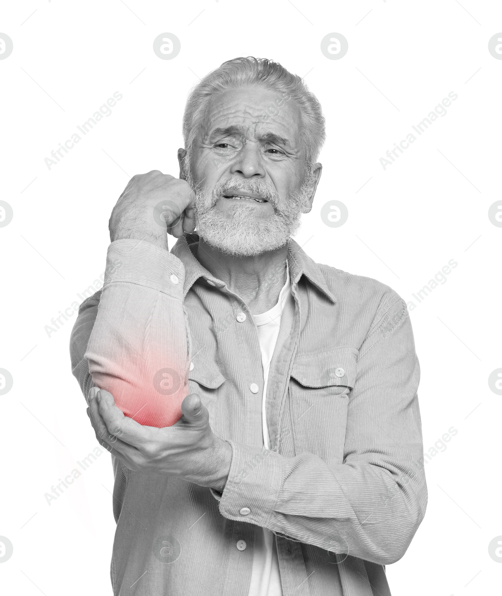 Arthritis. Senior man suffering from pain in elbow on white background. Black and white toning with red color accent Image of Arthritis. Senior man suffering from pain in elbow on white background. Black and white toning with red color accent