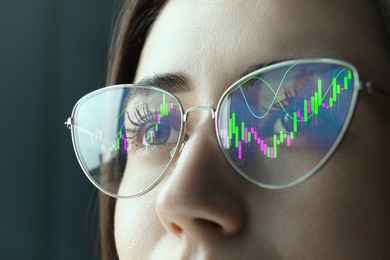 Image of Stock exchange. Trader analyzing data, closeup. Graphs reflecting in her eyeglasses