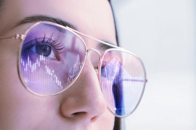 Image of Stock exchange. Trader analyzing data, closeup. Graphs reflecting in her eyeglasses