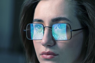 Image of Stock exchange. Trader analyzing data, closeup. Graphs reflecting in her eyeglasses