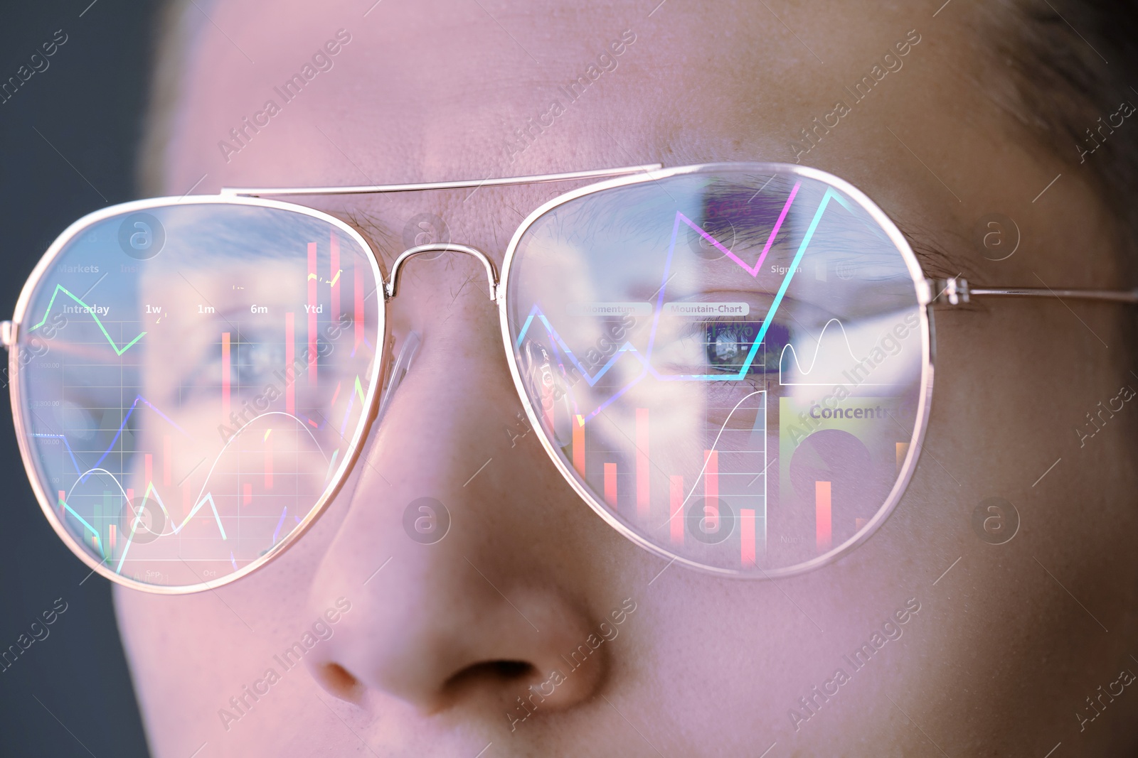 Stock exchange. Trader analyzing data, closeup. Graphs reflecting in his eyeglasses Image of Stock exchange. Trader analyzing data, closeup. Graphs reflecting in his eyeglasses