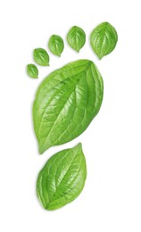 Image of Human footprint made of green leaves on white background, top view. Environmental care, ecology protection, reducing CO2 emission