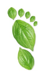 Image of Human footprint made of green leaves on white background, top view. Environmental care, ecology protection, reducing CO2 emission