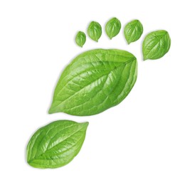 Image of Human footprint made of green leaves on white background, top view. Environmental care, ecology protection, reducing CO2 emission