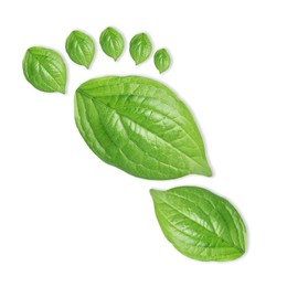 Image of Human footprint made of green leaves on white background, top view. Environmental care, ecology protection, reducing CO2 emission