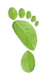 Image of Human footprint made of green leaves on white background, top view. Environmental care, ecology protection, reducing CO2 emission
